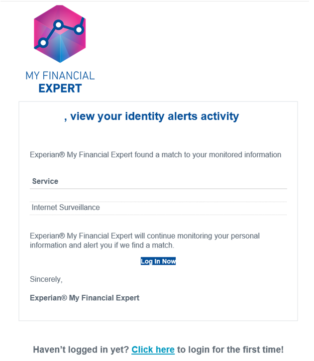 Screenshot of Experian reminder email